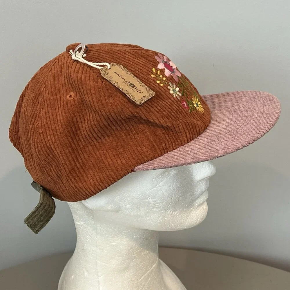 Natural Life Hat Brown Corduroy Floral Embroidered Adjustable One Size NWT - Picture 2 of 9